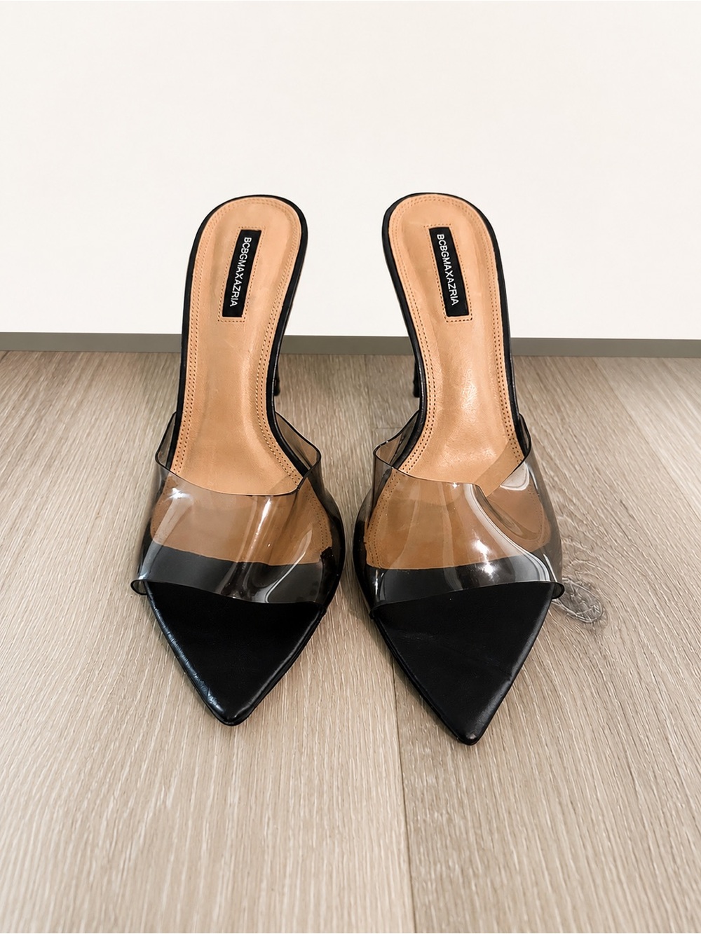 BCBGMaxAzria Black Pointed Toe Clear Strap Mules